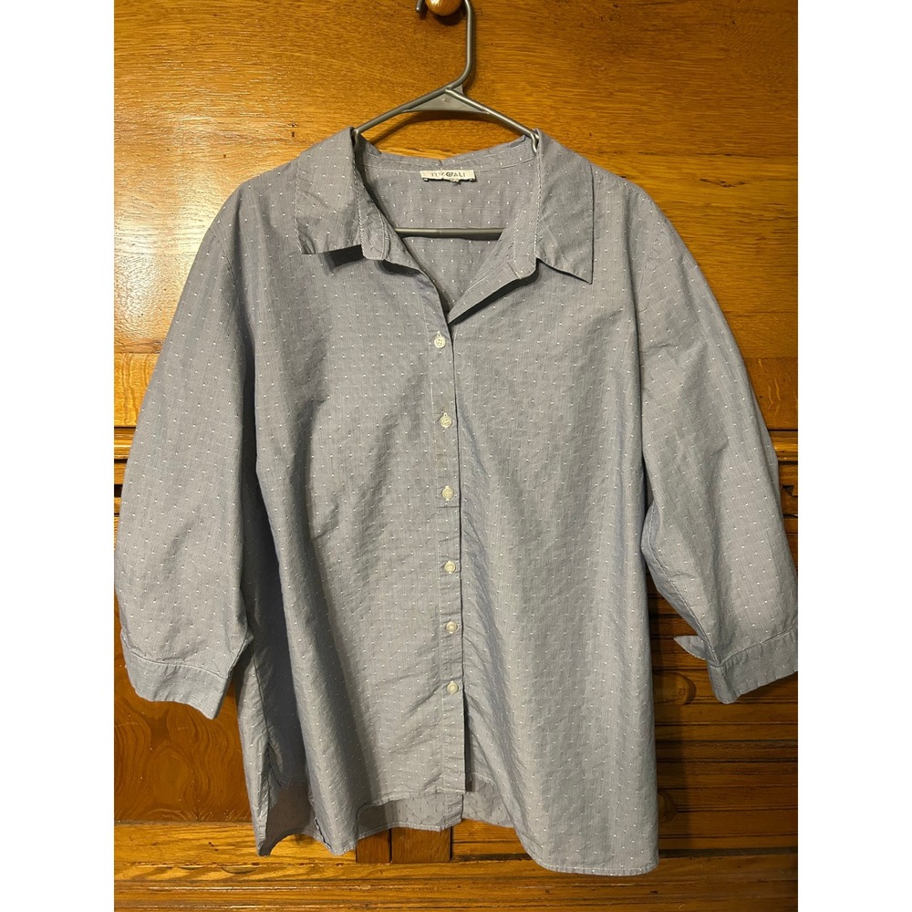 Roz & Ali Womens 3X Blue‎ Pinstripe Polka Dot Button Back Tie Sleeve Blouse Top